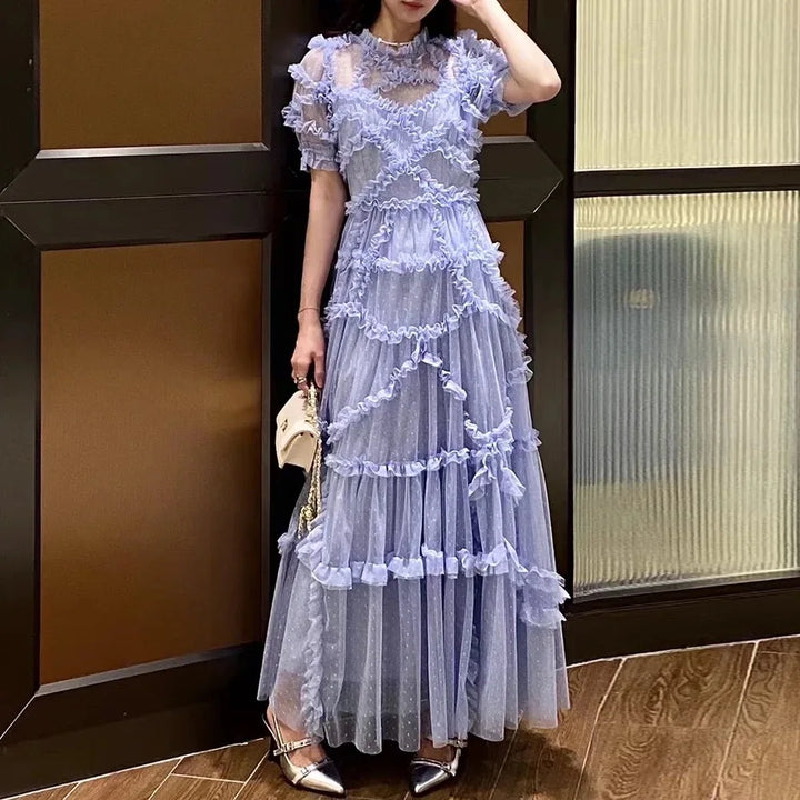 Quality Vintage Layers Ruffle Cake tulle Long Dress Women Blue Dots Elegant Party Evening Vestidos