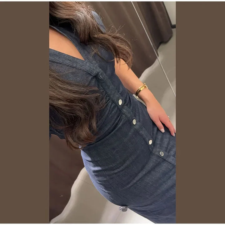 V-neck Denim Dress Fashion Slim Long Dress Chic Short Sleeves Single Button High.