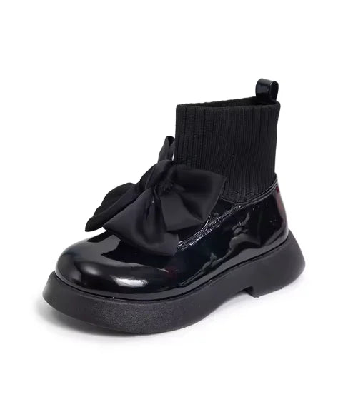 Children's Boots Fashion PU Solid Black Bow Girls Uniform 2025 Spring and Autumn New Kids Fashion Flying Knit School Socks Shoes