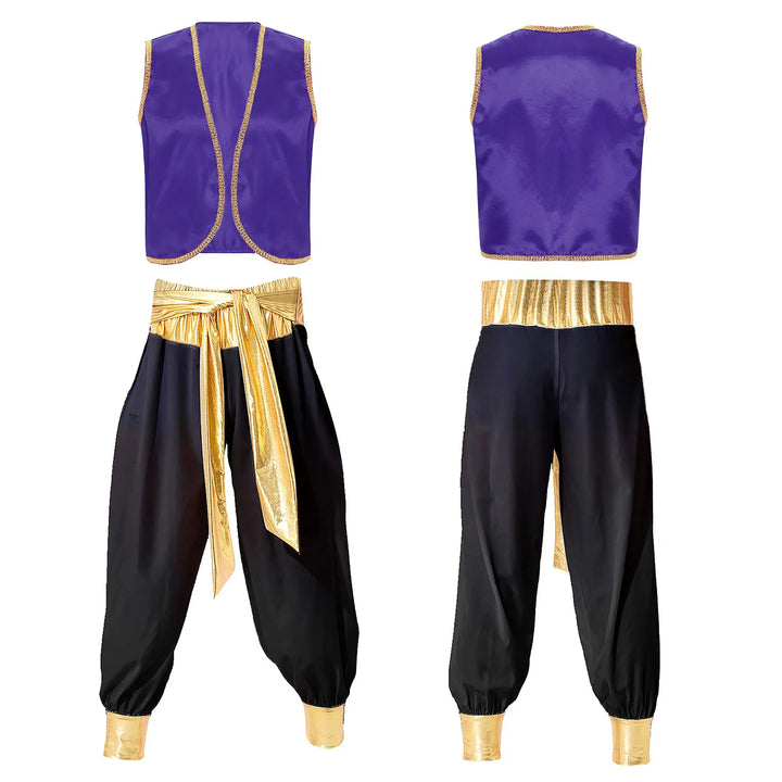 Mens Halloween Costume Mythical Arabian Prince Carnival Cosplay Party Outfit Sequin Trim Waistcoat with Belted Pants