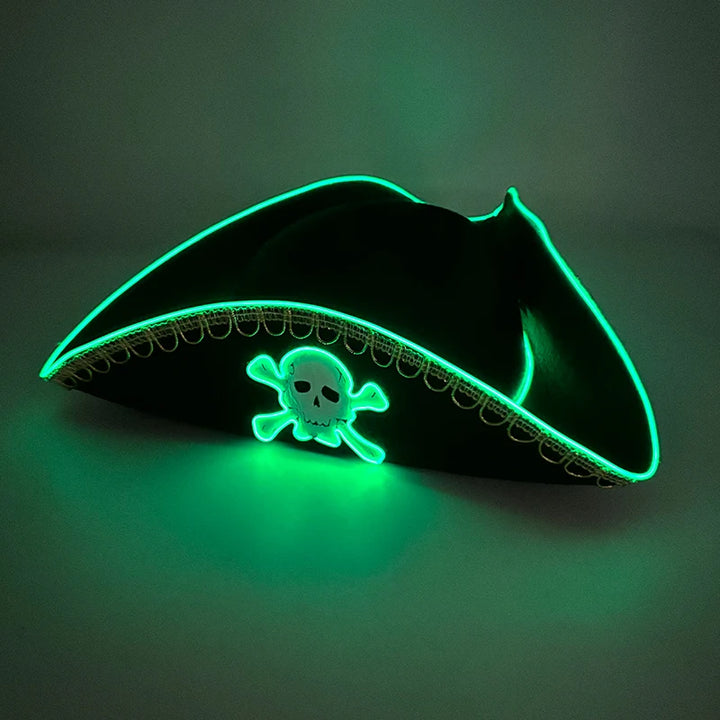 Adults Black Pirate Hats with Skull Pattern Halloween Cosplay Props Parties Caribbean Pirate Costume Hats LED Glowing Party Hat