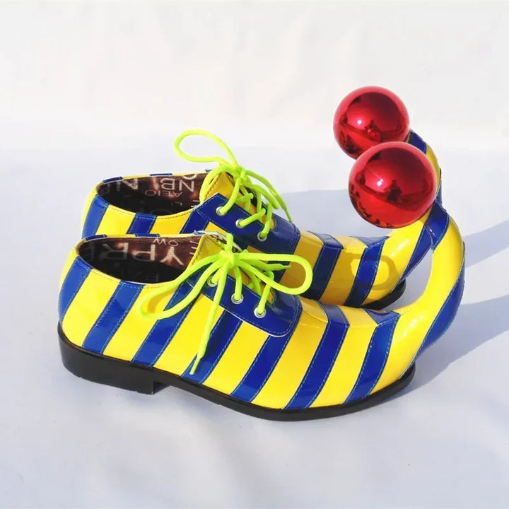 Adults Halloween Clown Cosplay Shoes Funny Circus Club Clown Performance Stripe Clown Shoes With Red Ball Carnival Cosplay Shoes