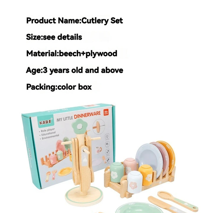 Children's simulated home cooking utensils, bowls, chopsticks, knives, forks, wooden simulation boys and girls' toy plates
