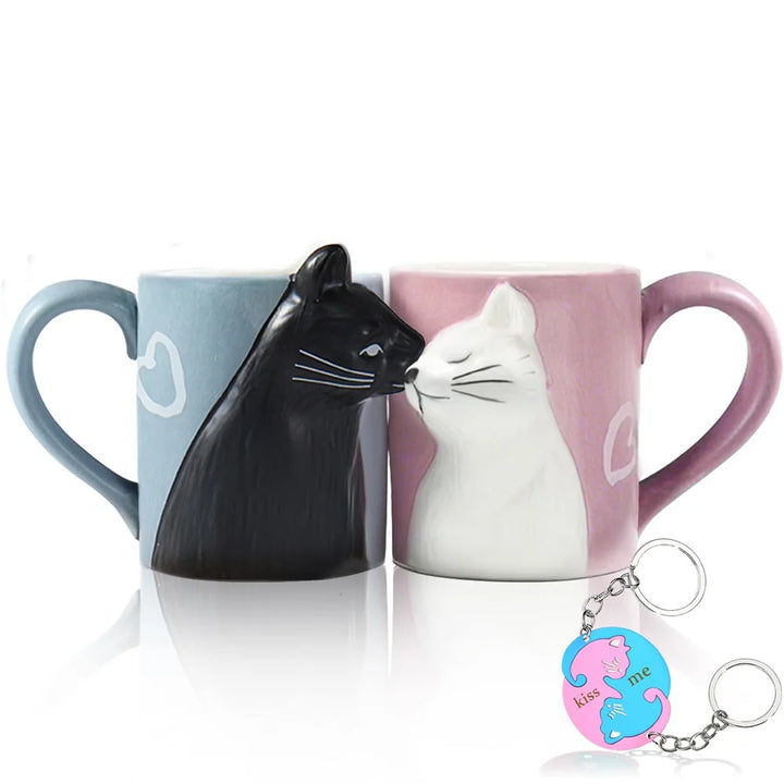 2PCS Kiss Cat Cups Mugs Matching Couples Stuff Ceramics Mugs For Girlfriend Wife Valentines Day Couple Drinkware Wedding Gift