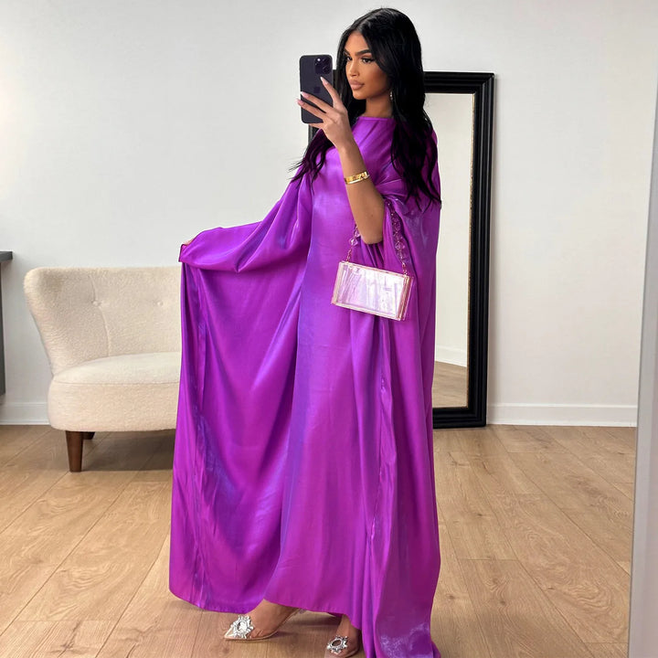 Tossy Autumn Loose Shiny Maxi Dress Butterfly Batwing Long Sleeve Muslim Clothes Party Solid Female Long Dress New