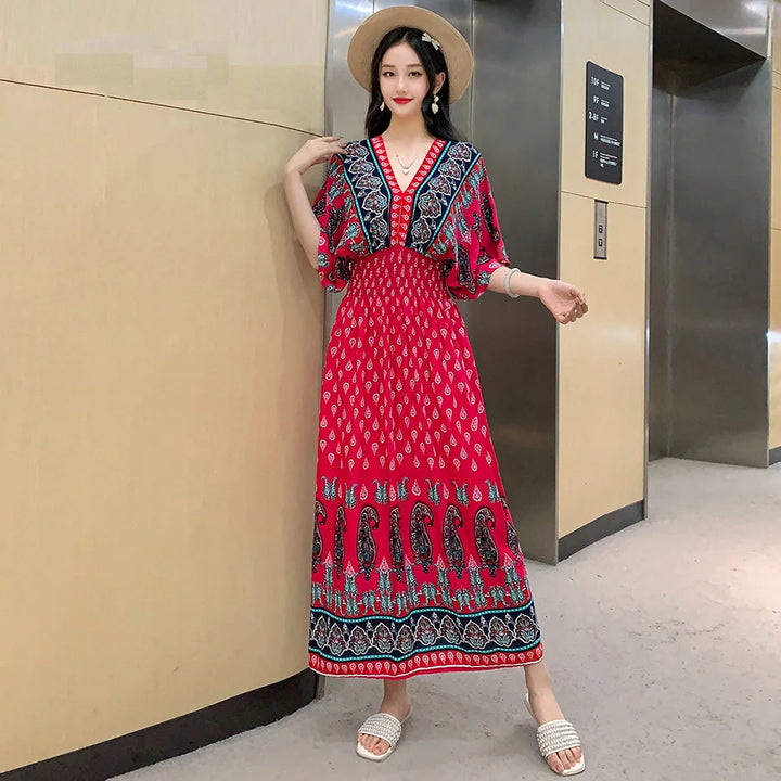 V-neck Large Skirt Hem Casual Sweet Long Dress Bat Sleeves Elastic Waist Bohemian Print Floral Elegant .