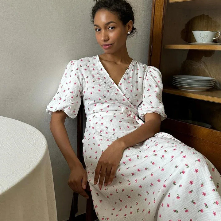 Bornladie Women Printed Lace Up D Short Sleeve Fashion Office Lady Long Dress 100% Cotton Daily Casual V-neck