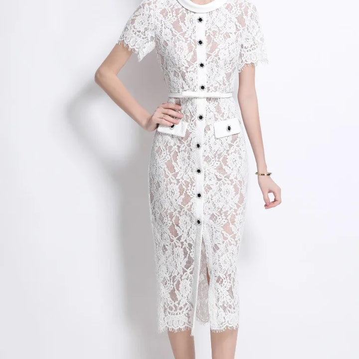 Luxury Crystal White Lace Embroidery Pencil Dress Elegant Short Sleeve Single Breasted Midi Dress.