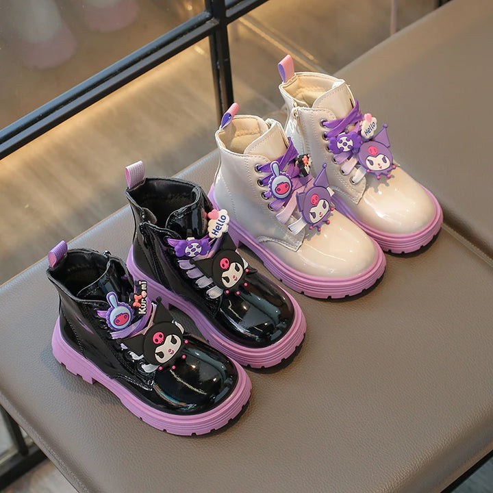 Kids Princess Shoes Cute Kuromi Soft Sole Girls Leather Boots Comfort Non-slip 2025 Autumn Winter New Children Short Boots Sweet