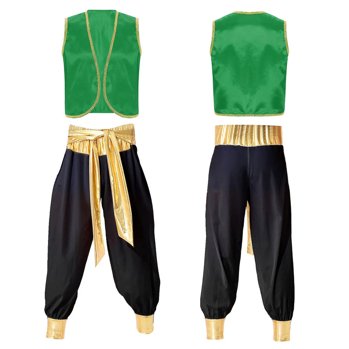 Mens Halloween Costume Mythical Arabian Prince Carnival Cosplay Party Outfit Sequin Trim Waistcoat with Belted Pants