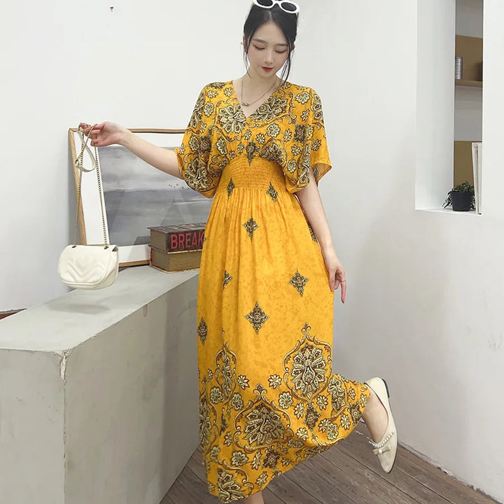 V-neck Large Skirt Hem Casual Sweet Long Dress Bat Sleeves Elastic Waist Bohemian Print Floral Elegant .