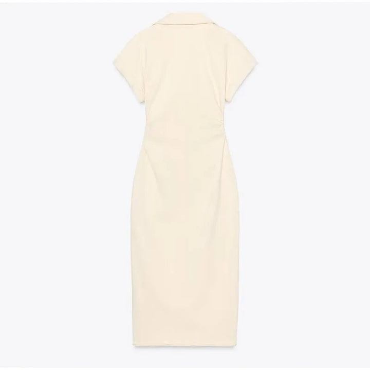 V-neck Denim Dress Fashion Slim Long Dress Chic Short Sleeves Single Button High.