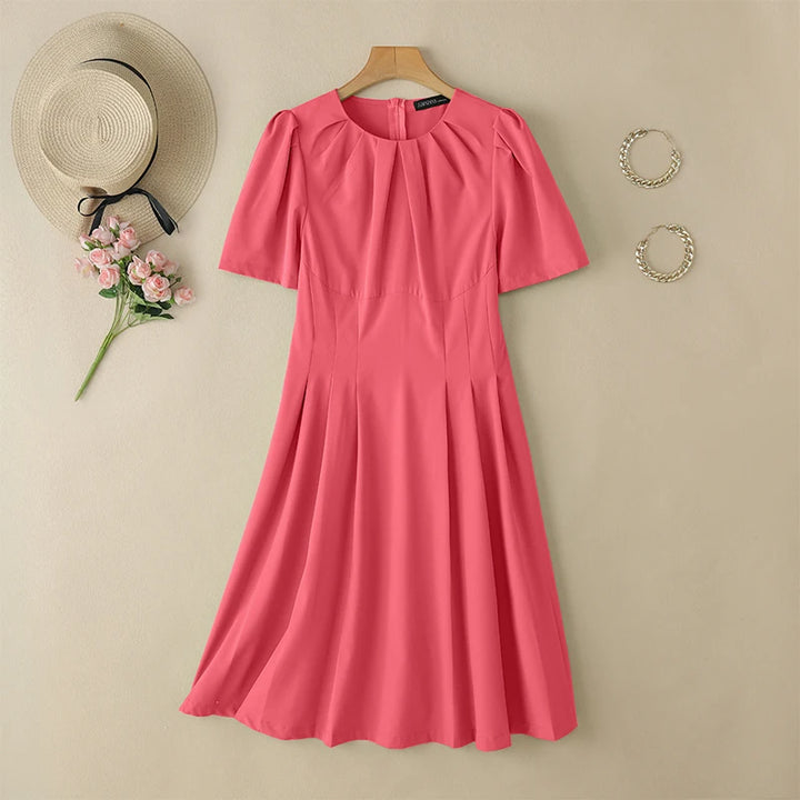 ZANZEA Office Lady Dresses Women Solid Pleated Dress Elegant Short Sleeve Party Vestidos Stylish Holidays Midi Dress
