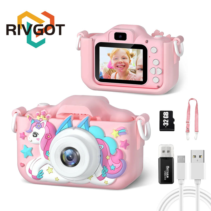 Unicorn Kids Toy Cameras 1080P HD Video Camera 48MP Dual Camera With Silicone Protective Cover 32GB Card Boy Girl Birthday Gifts