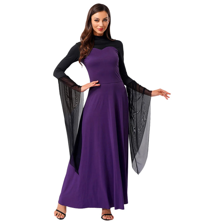 Halloween Costume Vampire Witch Cosplay Costume for Women Flared Mesh Cuffs Medieval Witch Maxi Dresses Masquerade Party Dress