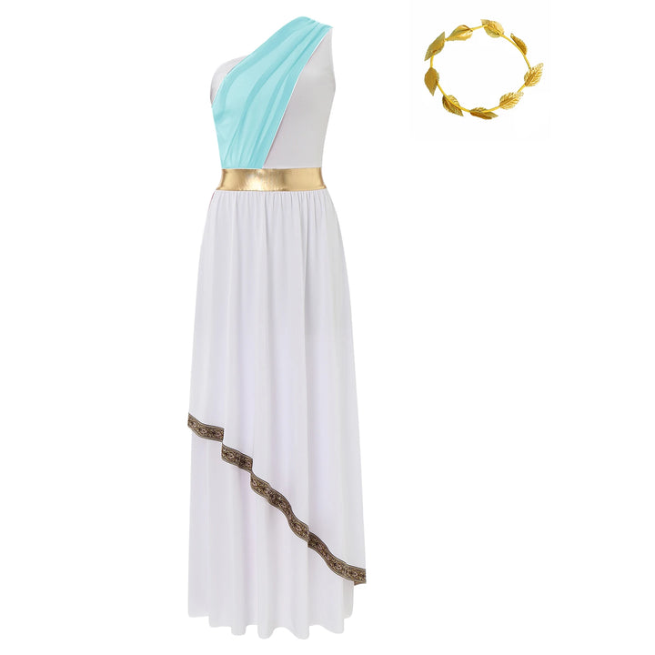 Women Halloween Ancient Greek Dress Ancient Greek Toga Costumes Robe One Shoulder Chiffon Overlay Tunic Dress with Headwear