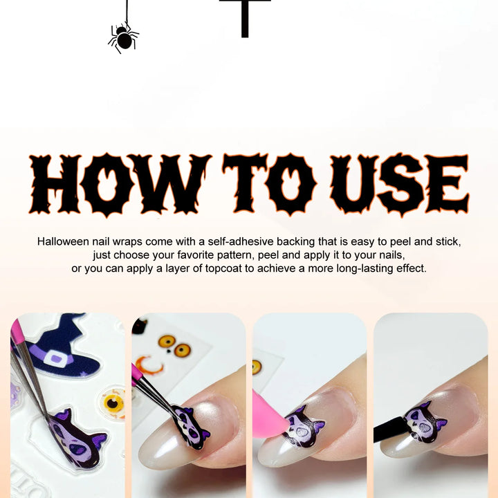1pcs/3pcs Halloween Nail Stickers Skull Pumpkin Head Bat Nail Stickers Nail Art DIY Self-Adhesive Decals For Festive Manicure