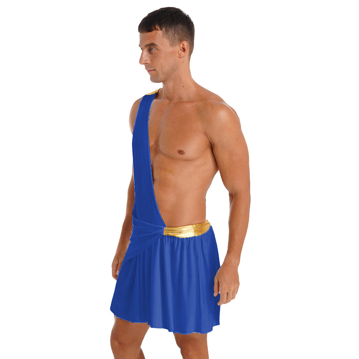 Halloween Ancient Greek Warrior Cosplay Costume Mens One Shoulder Strap Contrast Color Ruffle Skirt Carnival Theme Party Wear