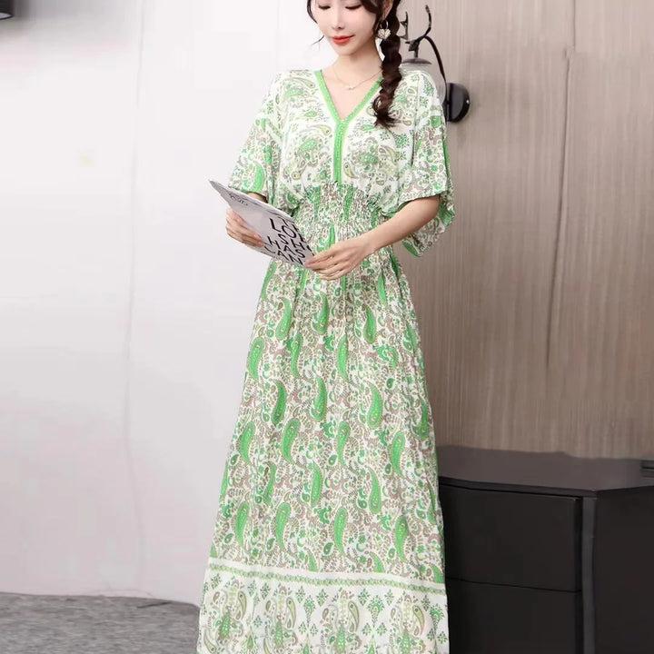 V-neck Large Skirt Hem Casual Sweet Long Dress Bat Sleeves Elastic Waist Bohemian Print Floral Elegant .