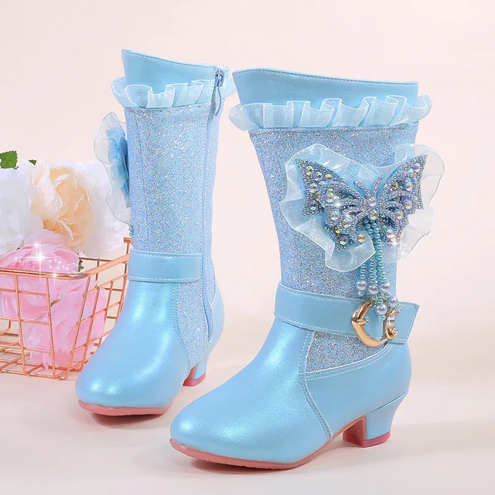2025 Girls High Heel Boots Children's Sequins Rhindiamonds Butterfly-knot Princess Boots with Velvet Warm Mid-tube Kids Boots