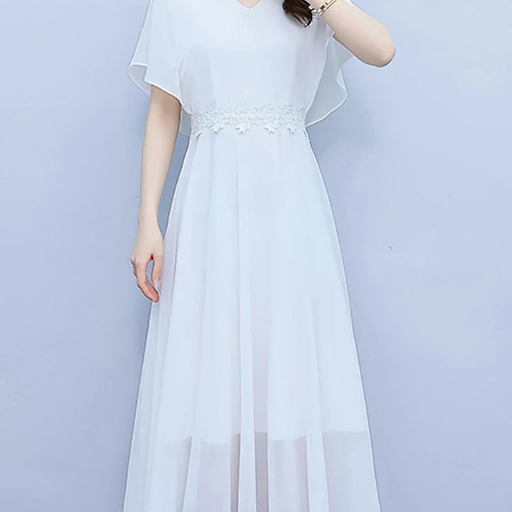 Long Elegant Dress White Chiffon /Black Butterfly Sleeve  Women Bodycon Chic Prom Night Dress