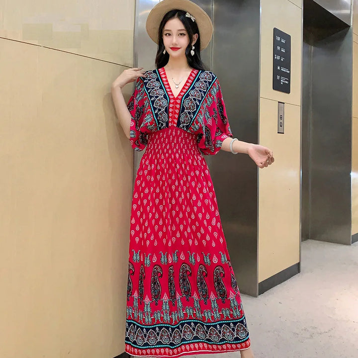 V-neck Large Skirt Hem Casual Sweet Long Dress Bat Sleeves Elastic Waist Bohemian Print Floral Elegant .