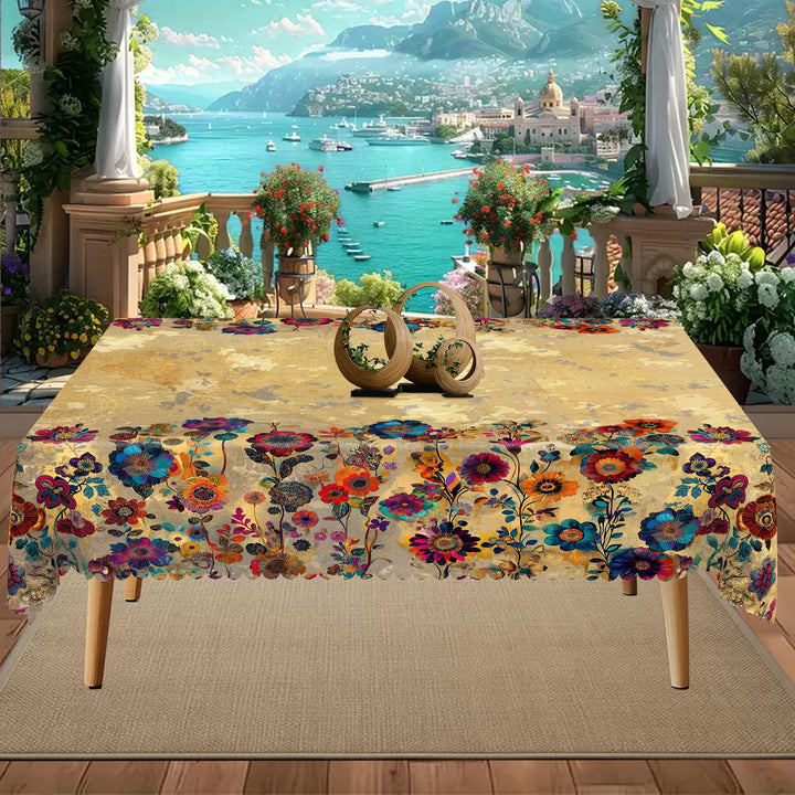 Retro Bohemian Mandala Style Tablecloth + 4Pcs Self-Adhesive, Retro Creative Mandala Style Floral Pattern Tablecloth, Kitchen Accessories, Edge Embossing Process, 5 Sizes Optional, Rectangular Polyester Tablecloth, Round Colo