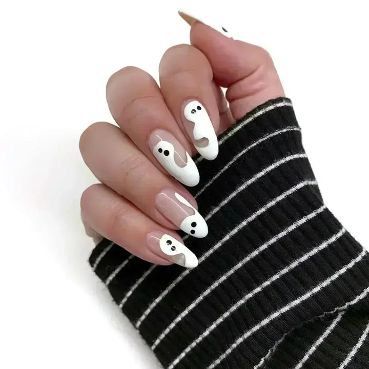 24Pc Halloween False Nails with Almond Head Designs Cute Clown Fake Nails French Full Cover Manicure Press on Nail Tips for Girl