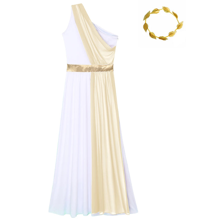 Women Halloween Ancient Greek Dress Ancient Greek Toga Costumes Robe One Shoulder Chiffon Overlay Tunic Dress with Headwear
