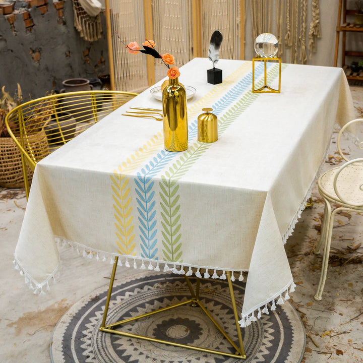orthern European simple tassel cotton linen table cloth embroidery flower leaves party American decorative dust table cloth