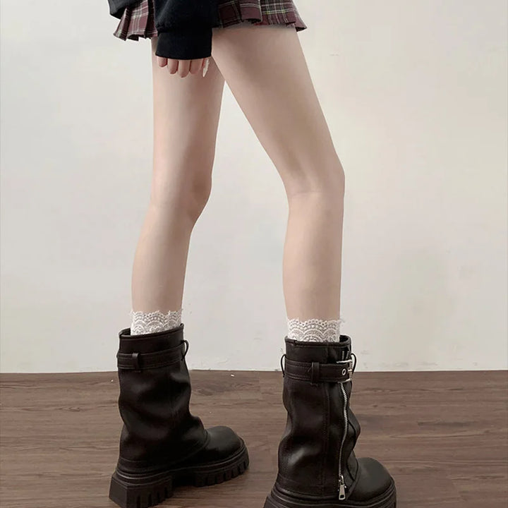 Winter Women Biker Boots Fashion Belt Buckle Ladies Elegant Platform Flats Short Booties Casual Women's Knight Booties