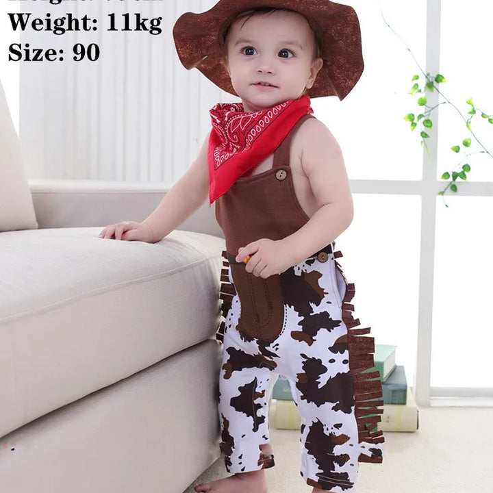 Baby Boy Clothes cowboy Costume Infant Toddler Cowboy Set 3Pcs Hat Scarf Romper Halloween Event Birthday Holiday Cosplay Outfits
