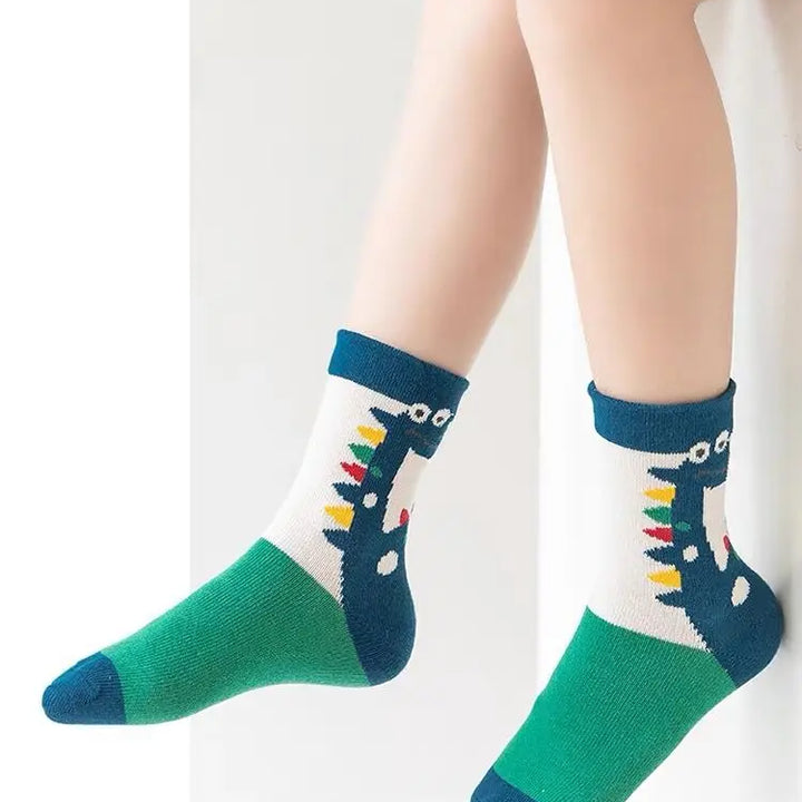 5 Pairs Autumn Winter New Style Children's Socks Mid-high Long Dinosaur Cartoon Design Boys Girls Baby Cartoon Socks Wholesale