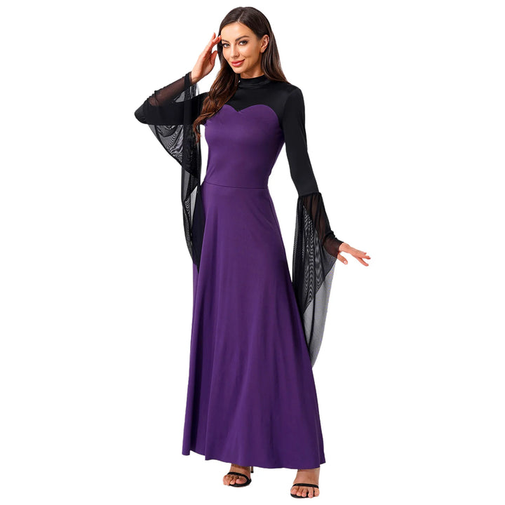 Halloween Costume Vampire Witch Cosplay Costume for Women Flared Mesh Cuffs Medieval Witch Maxi Dresses Masquerade Party Dress
