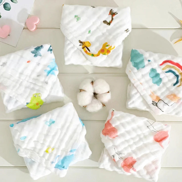 5pcs children's six layer pure cotton washed printed square towel 25cm*25cm