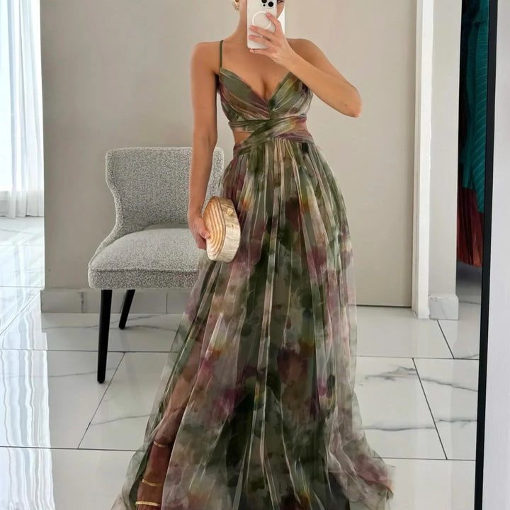 Out Party Dress, Loungewear Fashion Printing Maxi Dress, Sleeveless Lace-Up