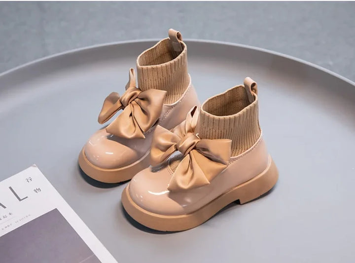 Children's Boots Fashion PU Solid Black Bow Girls Uniform 2025 Spring and Autumn New Kids Fashion Flying Knit School Socks Shoes
