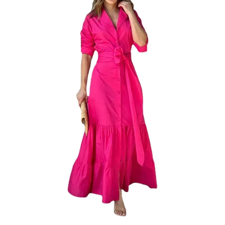 Women Long Sleeve dress Turn Down Collar Single Breasted Button Solid Loose fit