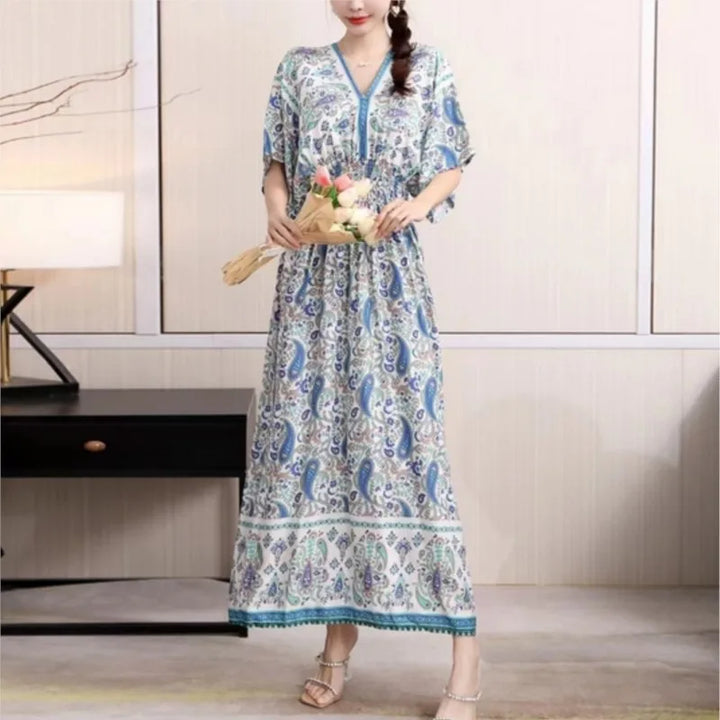 V-neck Large Skirt Hem Casual Sweet Long Dress Bat Sleeves Elastic Waist Bohemian Print Floral Elegant .
