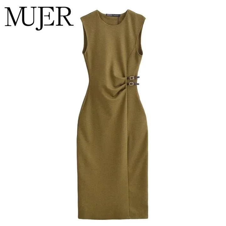 MUJER Pleated Midi Dress for Women Sleeveless Long Dress Vintage Party Buckle Office