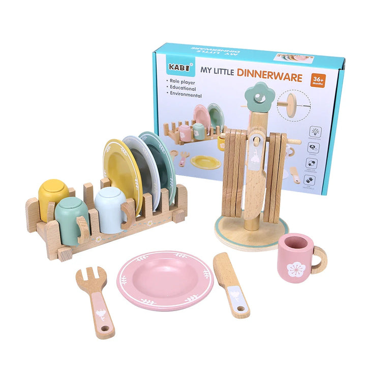 Children's simulated home cooking utensils, bowls, chopsticks, knives, forks, wooden simulation boys and girls' toy plates