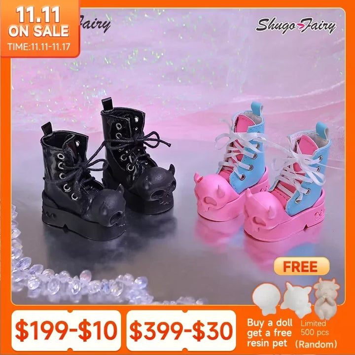 Halloween BJD Shoes for 1/4 Minifee Activeline BJD Doll High Boots Black Pink Horn Skeleton Shoes for BJD Accessories WX4-318