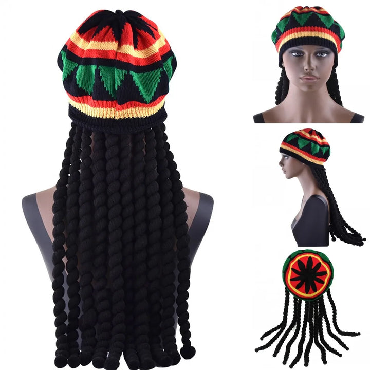 Handmade Crochet Knit False Braid Hat Jamaican Bob Rasta Beanie Cap Dreadlocks Wig Bob Marley Caribbean Fancy Dress Up Headwear