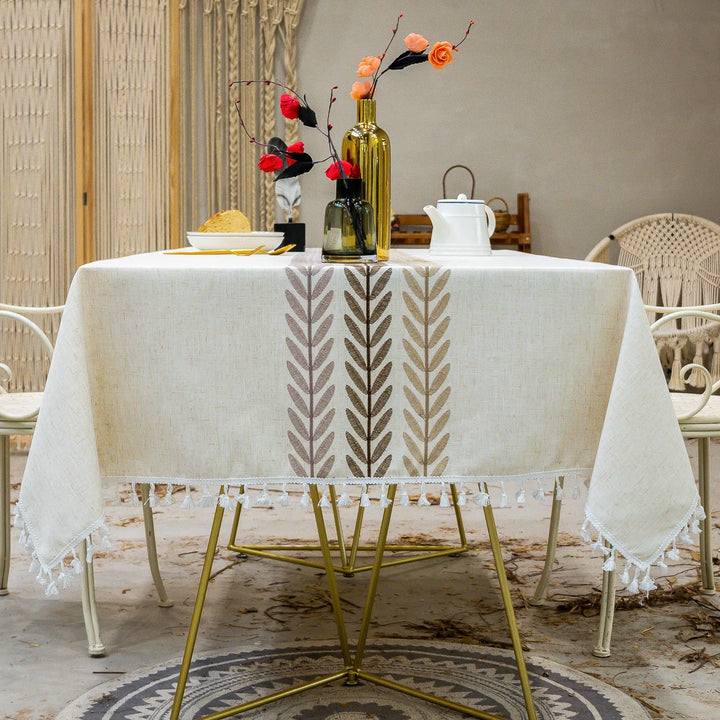 orthern European simple tassel cotton linen table cloth embroidery flower leaves party American decorative dust table cloth