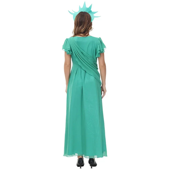 Halloween Carnival Costume Adult and Kids Girls Green Chiffon Party Dress World Statue of Liberty Cosplay Greek Goddess Costume