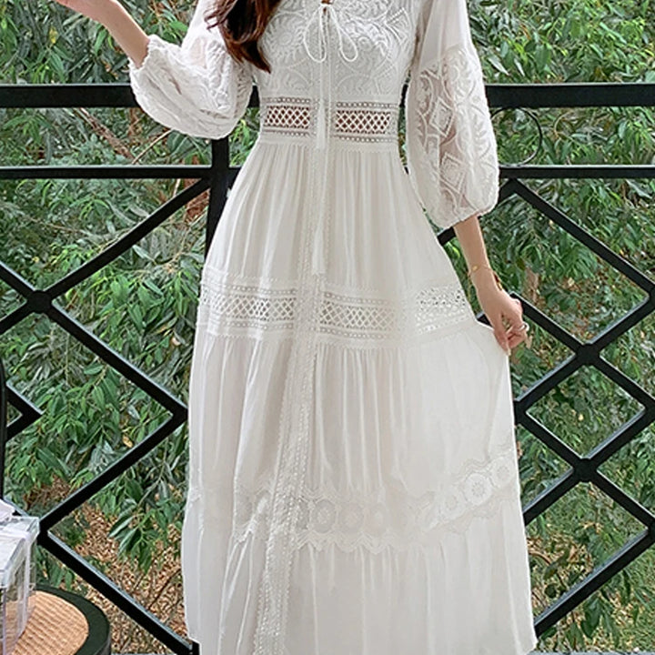 White Long Dress Boho Hollow Out Dress Ladies Elegant Vintage Loose Vestidos