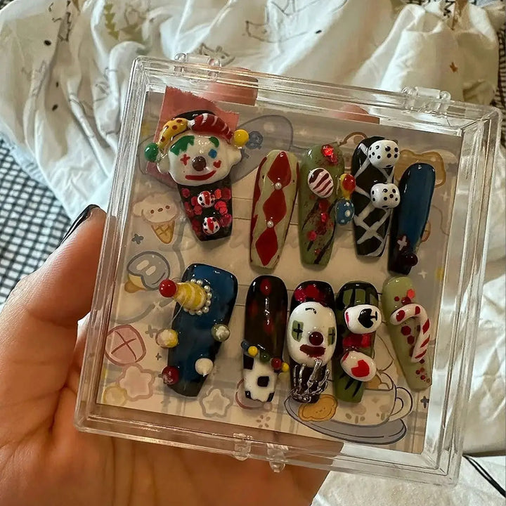 High-Quality Handmade 3D Art Press On Nails Halloween Theme Horror Clown Coffin Shape Spicy Girl Style Detachable Wear Fake Nail