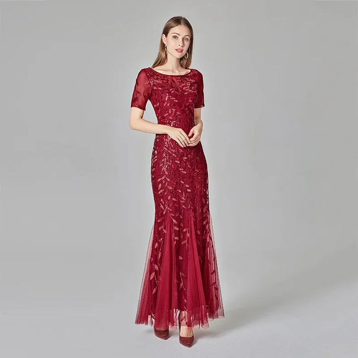 Gorgeous Round Neck Short Sleeves Sequined Mermaid Evening Dress