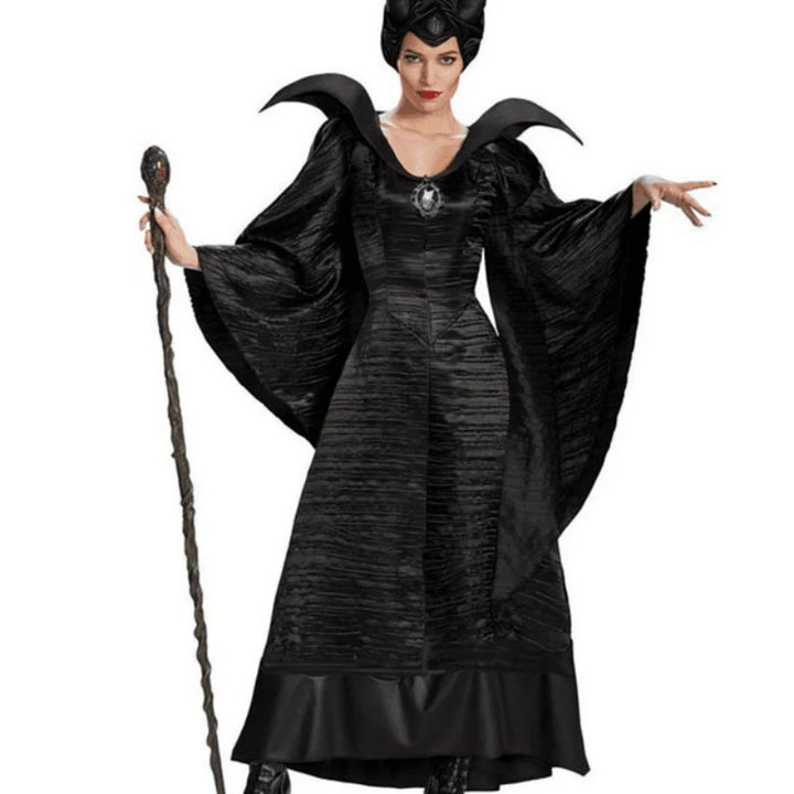 Halloween Movie Character Deluxe Black Horned Hat Imitation Texture Dress Evil Queen Witch Dress Cosplay Party Carnival Costume