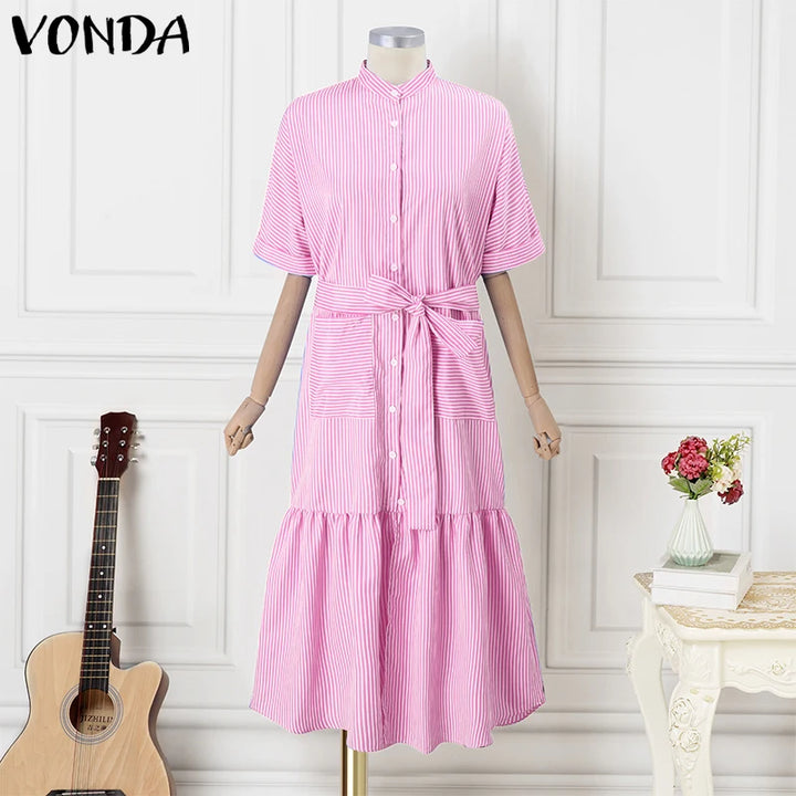 Elegant Striped Printing Short Sleeve Maxi Long Dress Casual Daily Bohemian.